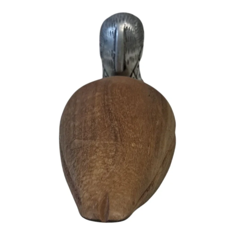 Vintage Wooden Duck with Silver Stainless Steel Tone Metal Head MCM 6